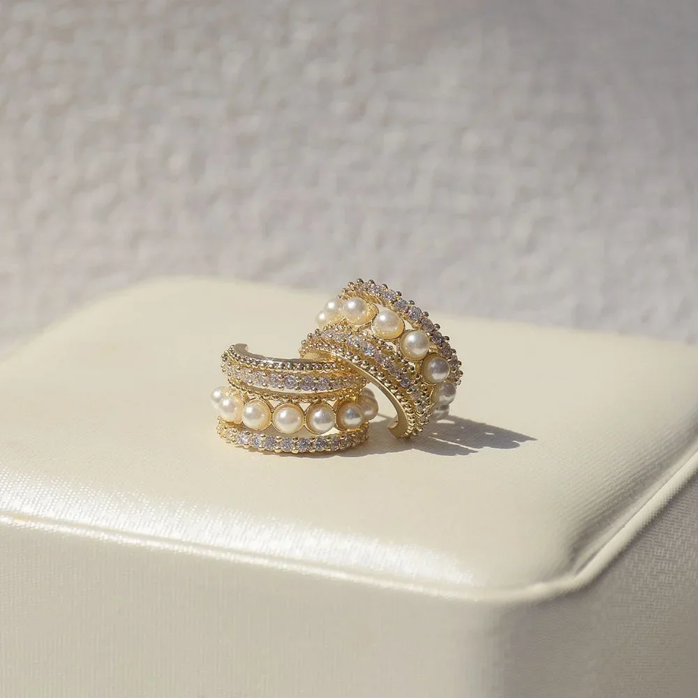 NEW 14K Gold Plated Diamond Pearl Open Hoops - Picture 5 of 8